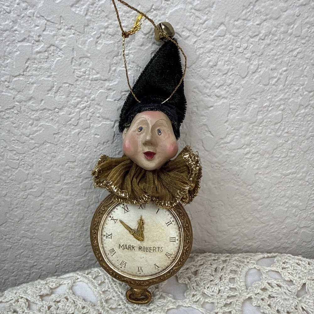 Mark Roberts Jester On Clock / Watch Christmas Ornament Green Hat With Bell